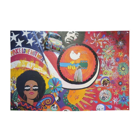 DouZhe Woodstock Hippi Art Painting Sign Banner, Abstract Hanging Banners Backdrop Festive Party Decor for Indoor Outdoor, 47 x 71 Inches
