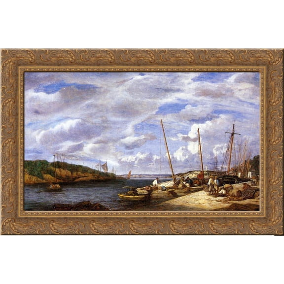 Douarnenez, Fishing Boats at Dockside 24x18 Gold Ornate Wood Framed Canvas Art by Eugene Boudin