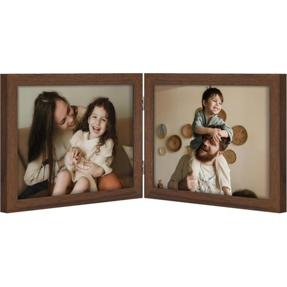 Double 10x8 Picture Frame Horizontal, Engineered Wood Bifold Photo Frame with Plexiglass for Tabletop Display, 10x8, Brown