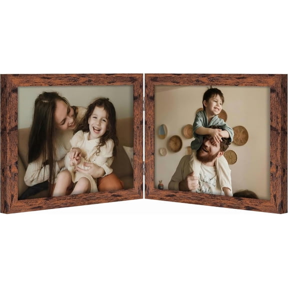 Double 10x8 Picture Frame Horizontal, Engineered Wood Bifold Photo Frame with Plexiglass for Tabletop Display, 10x8, Distressed Brown