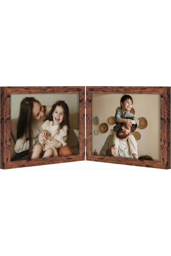Double 10x8 Picture Frame Horizontal, Engineered Wood Bifold Photo Frame with Plexiglass for Tabletop Display, 10x8, Distressed Brown