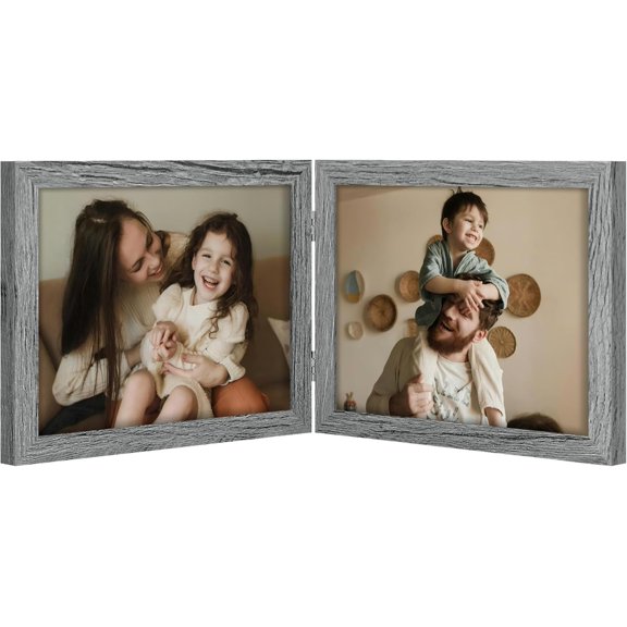 Double 10x8 Picture Frame Horizontal, Engineered Wood Bifold Photo Frame with Plexiglass for Tabletop Display, 10x8, Grey