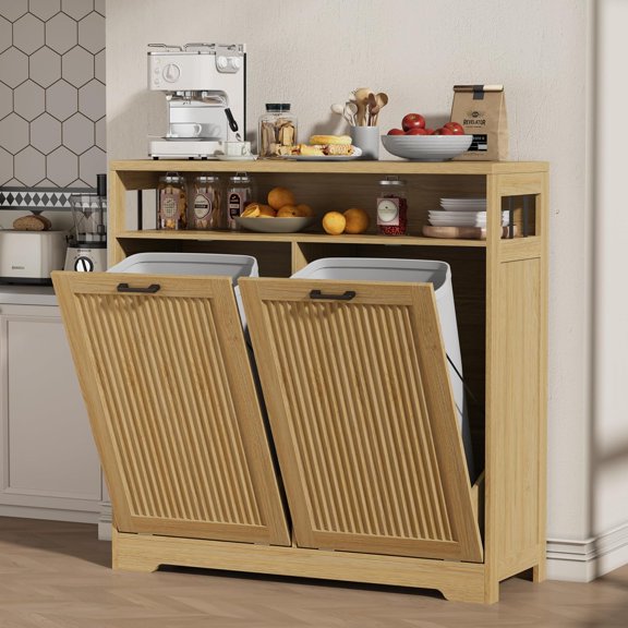 Double 13-Gallon Tilt-Out Trash Can Cabinet with Fluted Design and Open Storage Shelf, Wooden Garbage Holder