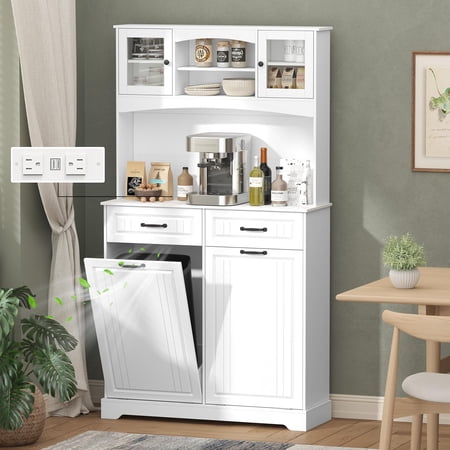 Double 13 Gallon Tilt Out Trash Can Cabinet with Deodorizing Function and Power Outlet, 71" Tall Wooden Garbage Can Holder Cabinet with 2 Storage Hutch & 2 Drawers for Kitchen and Dining Room, White