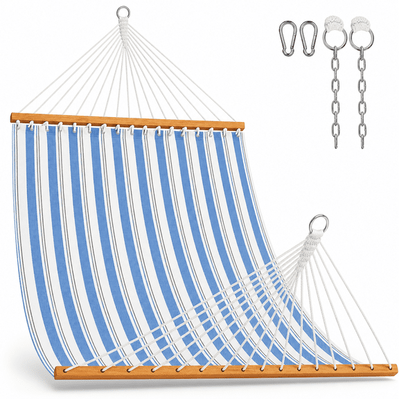 Double 2 Person Blue Stripes Hammock with Spreader Bar, Outdoor Patio Poolside Beach Use