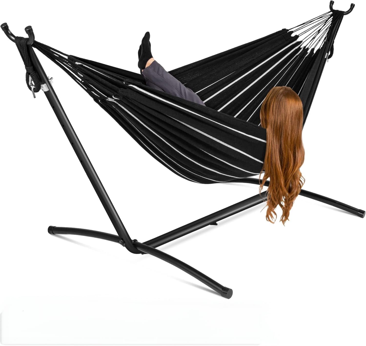 Double 2 Person Hammock, Indoor Outdoor Standing Hammock with Space Saving Steel Stand, Carry Bag, 450Lbs Weight Capacity, Suitable for Garden Camping Beach, Onyx