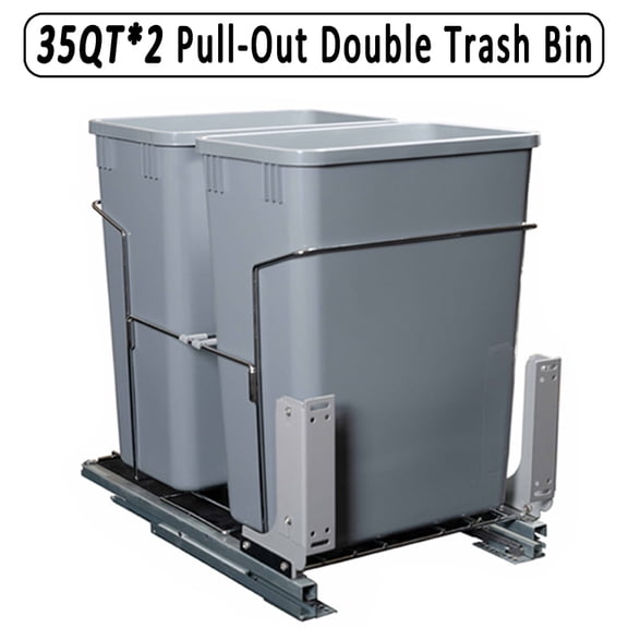 Double 35-Quart Pull Out Trash Can Under Cabinets Under Sink Garbage Sliding Waste Bin Container Recycling Bins with Chrome Wire Bottom,Gray