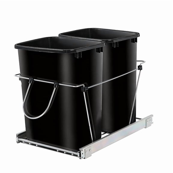Double 35-Quart Pull Out Trash Can Under Cabinets Under Sink Garbage Sliding Waste Bin Container Recycling Bins with Chrome Wire Bottom Mount 44 lbs Load Capacity, Black