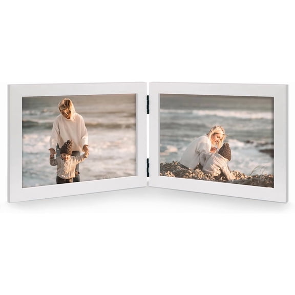 Double 4x6 Horizontal Combo, White Wood Picture Frame, 3.5x5.5 Opening Foldable Landscape View Photo Frame on Table-top or Wall