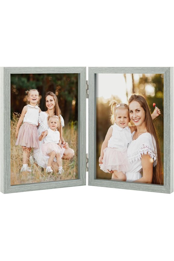 Double 4x6 Picture Frame, 2 4x6 Folding Photo Frame, Standing Vertically on Desktop or Tabletop, Home Decorative Christmas Holiday Gift, Gray