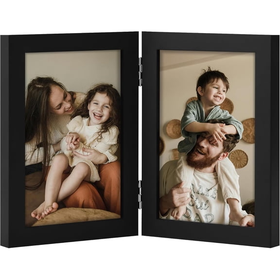 Double 4x6 Picture Frame Vertical, Black | Engineered Wood Bifold Photo Frame with Plexiglass, Fits 2 4x6 Pictures for Tabletop Display, 1 Pack