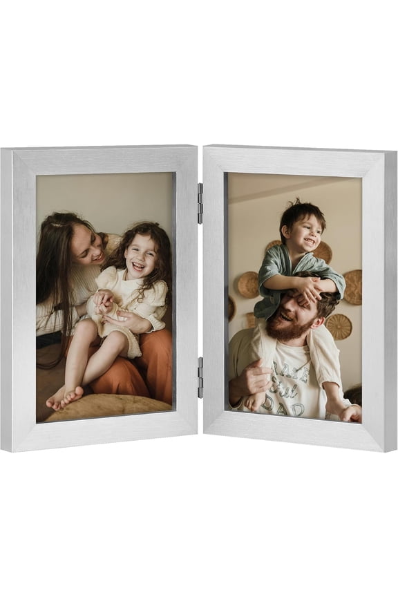 Double 4x6 Picture Frame Vertical, Engineered Wood Bifold Photo Frame with Plexiglass for Tabletop Display, 4x6, Silver