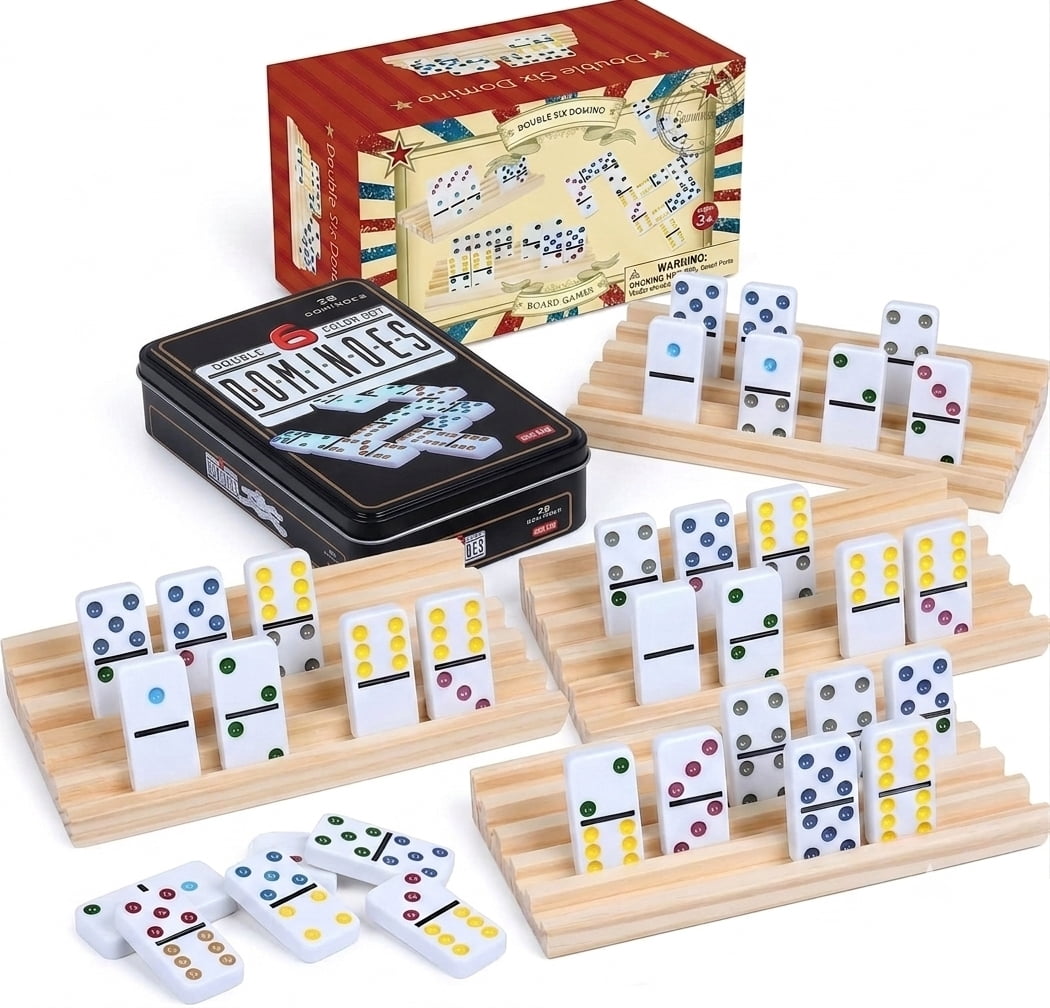 Double 6 Dominoes with 4 Wooden Trays for Adults Classic Board Games Family Game Night