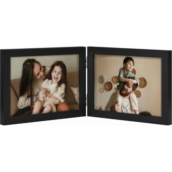 Double 7x5 Picture Frame Horizontal, Engineered Wood Bifold Photo Frame with Plexiglass for Tabletop Display, 7x5, Black