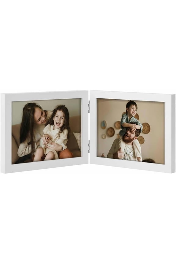 Double 7x5 Picture Frame Horizontal, Engineered Wood Bifold Photo Frame with Plexiglass for Tabletop Display, 7x5, White