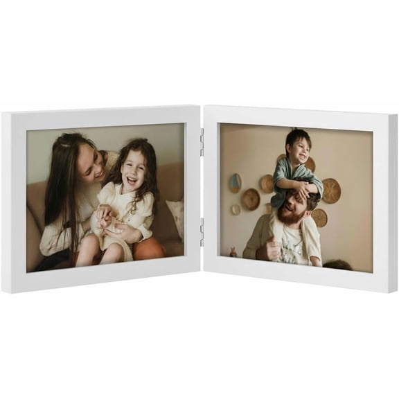 Double 7x5 Picture Frame Horizontal, Engineered Wood Bifold Photo Frame with Plexiglass for Tabletop Display, 7x5, White