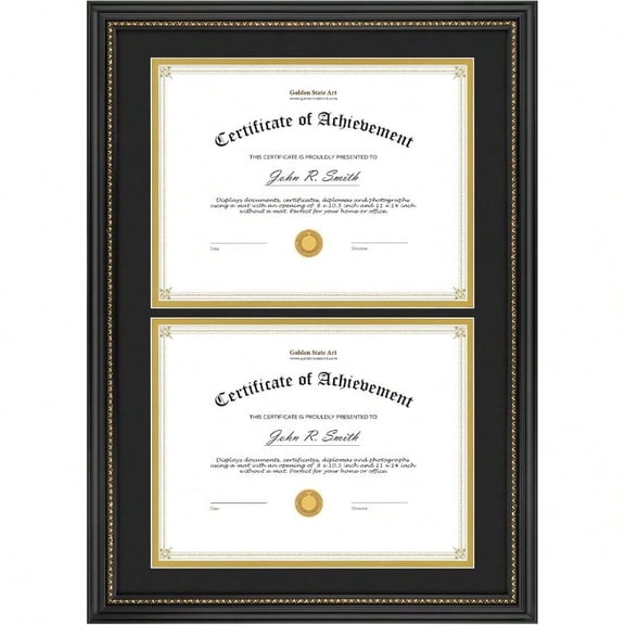 Double 8.5x11 Diploma Frame Solid Wood Black With Gold Trim Certificate Frame Frames For Two 8.5x11 Diploma Certificate Documents Pictures Real Glass Front With Black Over Gold Double Mat 1 Pack