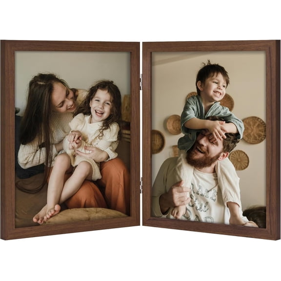 Double 8x10 Picture Frame Vertical, Engineered Wood Bifold Photo Frame with Plexiglass for Tabletop Display, 8x10, Brown
