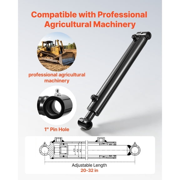 Double Acting Hydraulic Cylinder, 2" Bore x 12" Stroke, Max 3500PSI Hydraulic Cylinder, Heavy-Duty Welded Cross Tube Cylinders with 1" Pin Hole & SAE #6 Port for Agricultural Machinery, Tractors
