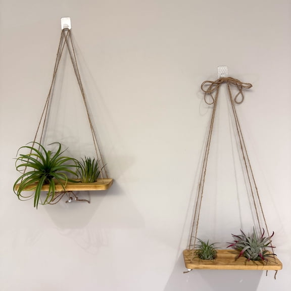 Double Air Plant Swing Set Poplar Wood Hanging Swings for Up to 4 Air Plants, Natural Twine & Decorative Beads