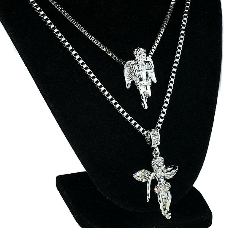 Double Angel Pendant Necklace Set of 2 Silver Tone 24