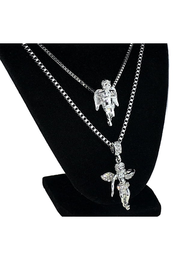 Double Angel Pendant Necklace Set of 2 Silver Tone 24" & 30" Inch Two Box Chains