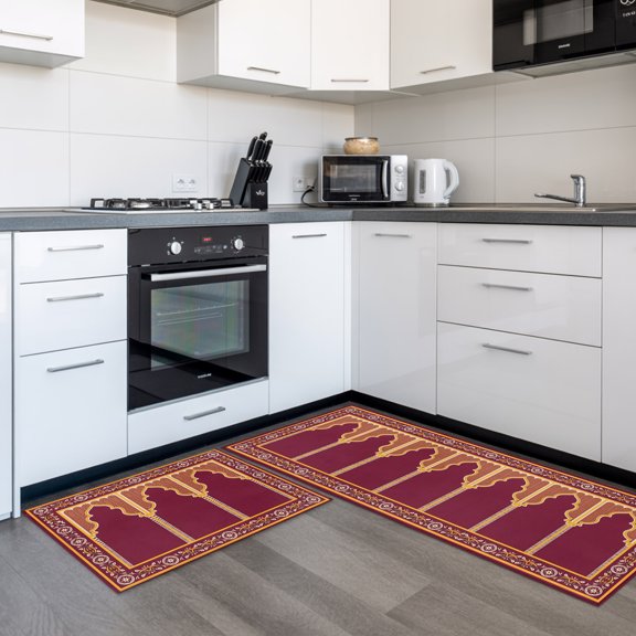 Double Arches 2 Pieces Non-Slip Kitchen Mat Set, Ornate Golden Red Floral Frame Soft Door Mat with Rubber Backing, Dirtproof Rugs for Entrance Doorway, 19.7x31.5in+19.7x63in