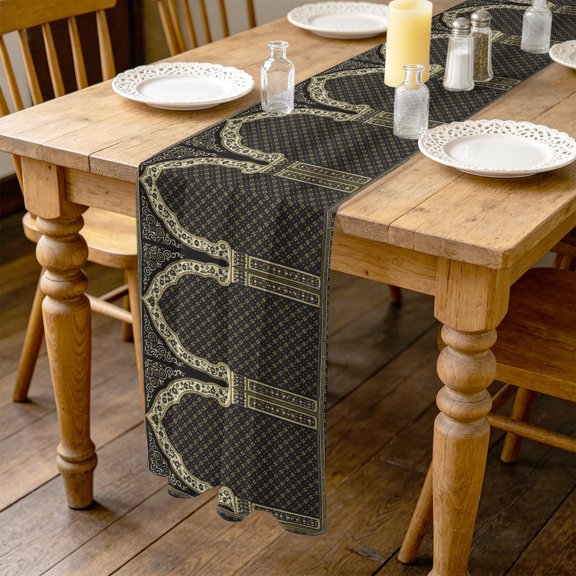 Double Arches 4.5ft Cheesecloth Table Runner for Wedding 19"x55", Vintage Traditional Brown Gold Floral Symmetrical Kitchen Dinner Sheer Tulle Chiffon Dresser Scarf, Holiday Party Decorations