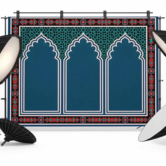 Double Arches Backdrops for Photography, Ethnic Navy Blue Red Ornate Frame Fabric Photo Background Sturdy Studio Props for Photo Studio, Video Recording, Booth & Photoshoot 8x6ft