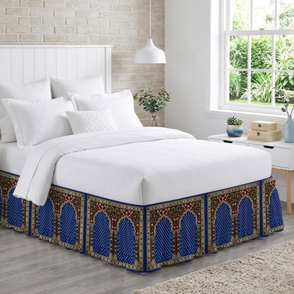 Double Arches Bed Skirt California King Size 18 Inch Drop, Vintage Traditional Gold Blue Symmetrical Floral Border Adjustable Elastic Dust Ruffles Bedskirt Wrap Around Pleated Mattress Frame Cover