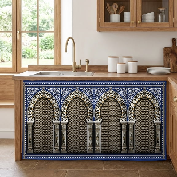 Double Arches Cabinet Curtains for Kitchen 28"Wx51"L, Vintage Traditional Gold Blue Symmetrical Grid Texture Under Sink Skirt Magic Tape Short Curtain Decor Privacy Panel for Pantry Cabinet Opening