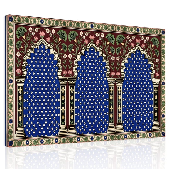 Double Arches Canvas Print Wall Art, Vintage Traditional Gold Blue Symmetrical Floral Border Wall Decor Modern Artwork Paintings Pictures for Living Room Framed and Stretched Ready to Hang 12" x 16"