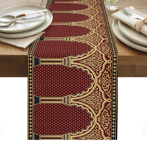 Double Arches Cotton Linen Table Runner Vintage Traditional Beige Brown Floral Vines Symmetrical Dining Table Runners for Home Decor Party Dining Room Restaurant Kitchen Party 13" x 90"