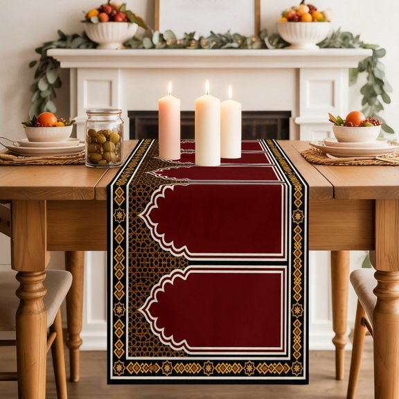 Double Arches Dining Table Runner, Ethnic Gold Red Ornate Frame Washable Table Runners Kitchen Coffee Table Center Decor for Home Party Holiday Wedding 13 x 36 Inches