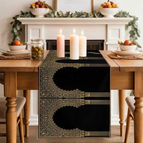 Double Arches Dining Table Runner, Vintage Ethic Traditional Gold Black Symmetrical Washable Table Runners Kitchen Coffee Table Center Decor for Home Party Holiday Wedding 13 x 72 Inches