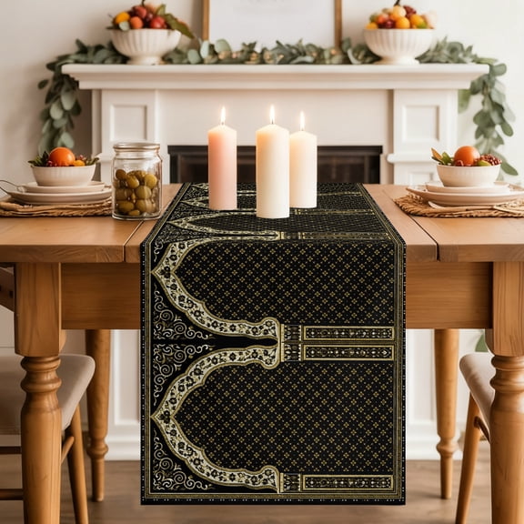 Double Arches Dining Table Runner, Vintage Traditional Brown Gold Floral Symmetrical Washable Table Runners Kitchen Coffee Table Center Decor for Home Party Holiday Wedding 13 x 48 Inches