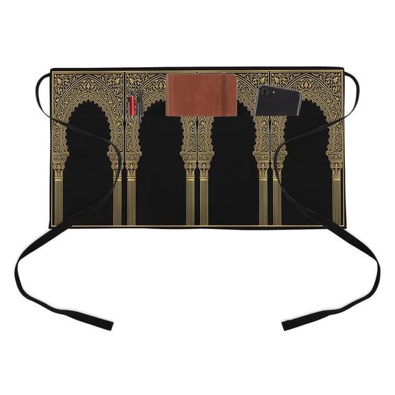 Double Arches Kitchen Restaurant Half Waist Apron, Vintage Ethic Traditional Gold Black Symmetrical Server Short Apron with 3 Pockets Waterproof Oil Waist Aprons for Women Waitress Waiter