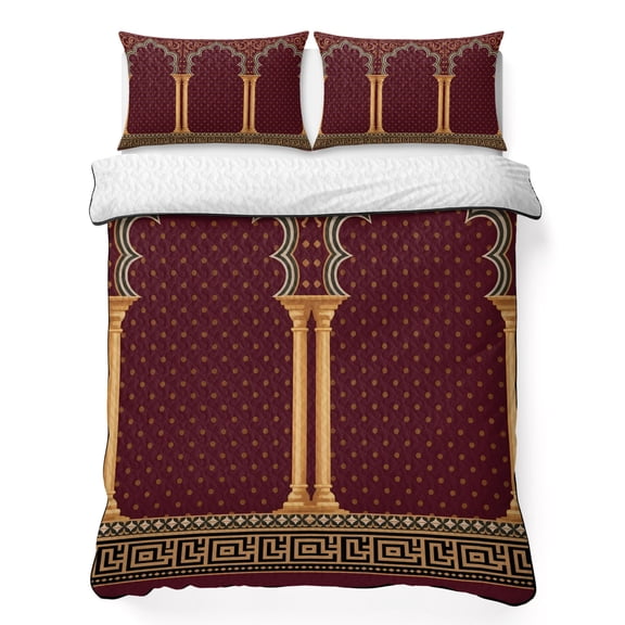 Double Arches Pillars 3 Piece Quilt Bedding Set with 2 Pillow Shams, Vintage Classic Red Brown Floral Vines Lightweight Bedspread Coverlet, Soft Breathable All Season Quilt, 79 x 90 Inch