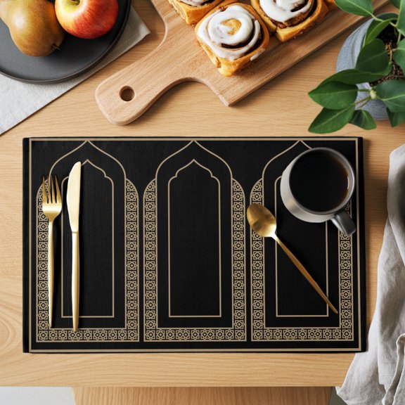 Double Arches Placemats Set of 1, Minimalist Gold Black Ornate Frame Non-Slip Place Mats Washable Table Mats for Kitchen Dining Table Decorations Indoor/Outdoor