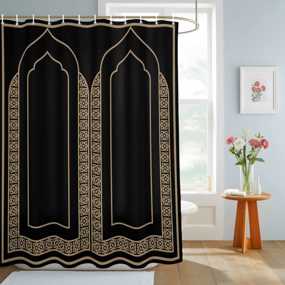 Double Arches Shower Curtain, Minimalist Gold Black Ornate Frame Waterproof Washable Shower Curtain for Bathroom Bathtub Partition Bath Decoration Set with Hooks 72x72in