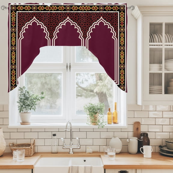 Double Arches Swag Curtain Valance for Windows, Ethnic Purple Gold Ornate Frame Swag Curtains Drapes Rod Pocket for Kitchen Bathroom Small Window, 1 Panel 56x36in