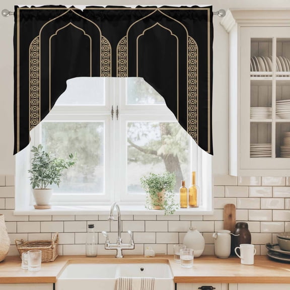Double Arches Swag Curtain Valance for Windows, Minimalist Gold Black Ornate Frame Swag Curtains Drapes Rod Pocket for Kitchen Bathroom Small Window, 1 Panel 56x36in
