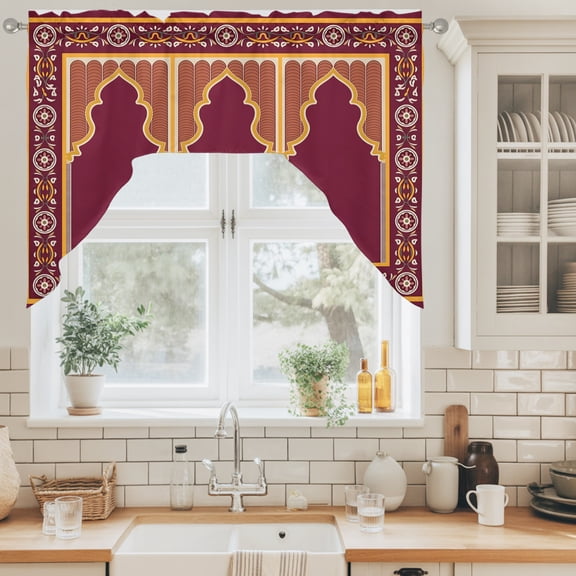 Double Arches Swag Curtain Valance for Windows, Ornate Golden Red Floral Frame Swag Curtains Drapes Rod Pocket for Kitchen Bathroom Small Window, 1 Panel 56x36in