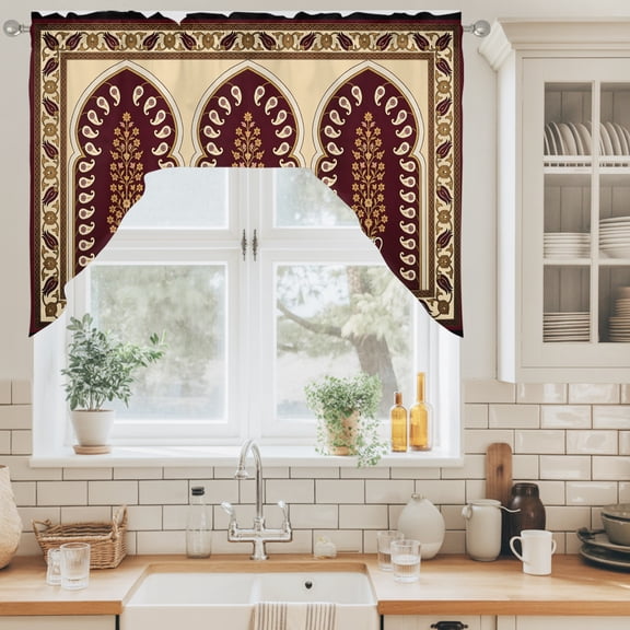 Double Arches Swag Curtain Valance for Windows, Vintage Traditional Beige Brown Tree Amphorae Symmetrical Swag Curtains Drapes Rod Pocket for Kitchen Bathroom Small Window, 1 Panel 56x36in