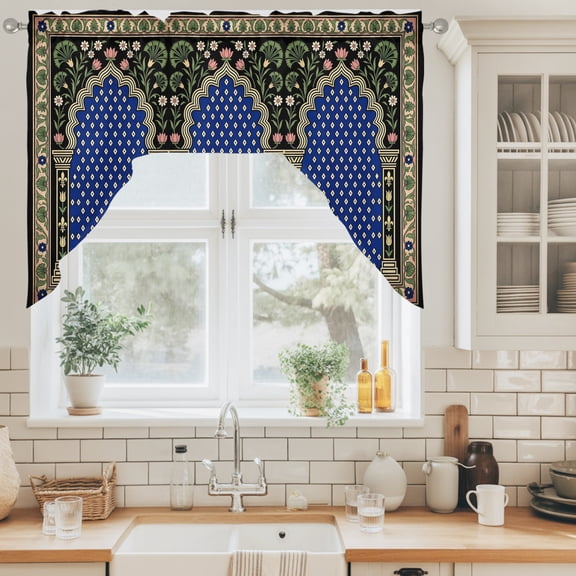 Double Arches Swag Curtain Valance for Windows, Vintage Traditional Blue Gold Symmetrical Floral Border Swag Curtains Drapes Rod Pocket for Kitchen Bathroom Small Window, 1 Panel 56x36in