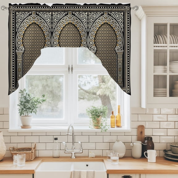 Double Arches Swag Curtain Valance for Windows, Vintage Traditional Gold Black Symmetrical Grid Texture Swag Curtains Drapes Rod Pocket for Kitchen Bathroom Small Window, 1 Panel 56x36in