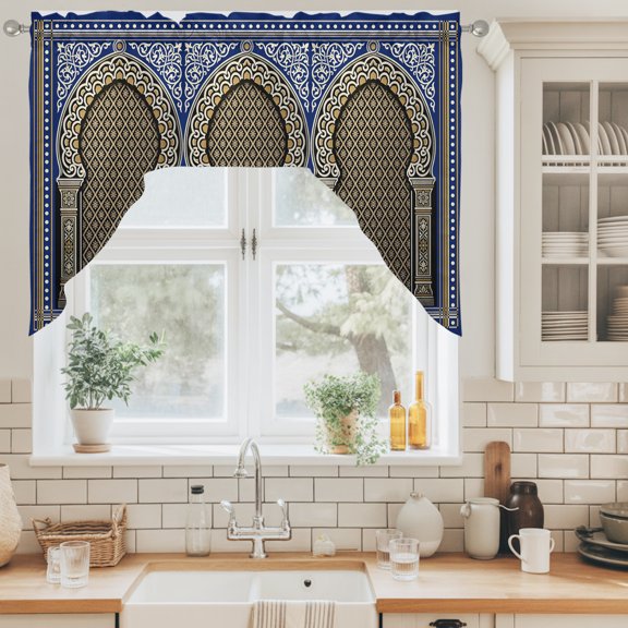 Double Arches Swag Valance for Windows, Vintage Traditional Gold Blue Symmetrical Grid Texture Swag Curtains Valances for Small Window Treatment Rod Pocket for Kitchen Bathroom 1 Panel 56x36in