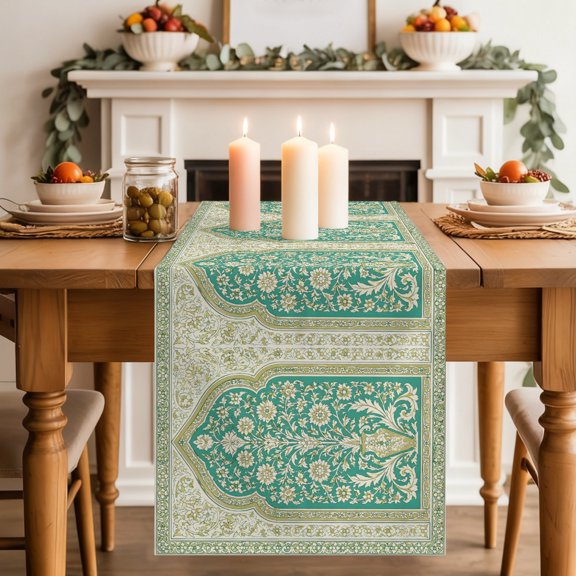 Double Arches Table Runner 18x72 Inch Vintage Traditional Green Beige Floral Symmetrical Cotton Linen Dining Table Runner Ideal for Dresser Kitchen Coffee Tables - Machine Washable
