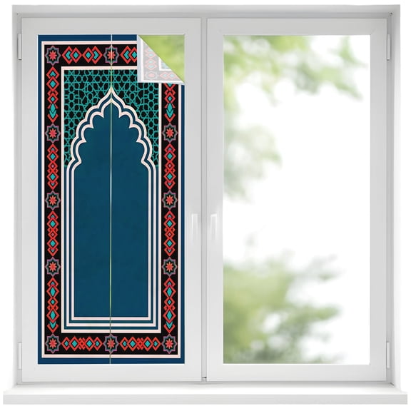 Double Arches Window Privacy Film, Ethnic Navy Blue Red Ornate Frame Frosted Glass Window Clings Static Cling UV Heat Blocking Reusable Door Sticker for Bathroom 17.7 x 39.3 Inch