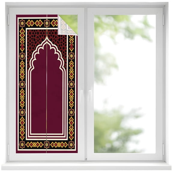 Double Arches Window Privacy Film Ethnic Purple Gold Ornate Frame Decorative Glass Window Film UV Blocking Static Cling Non-Adhesive Sticker Covering for Home Door 17.7 x 39.3 inches